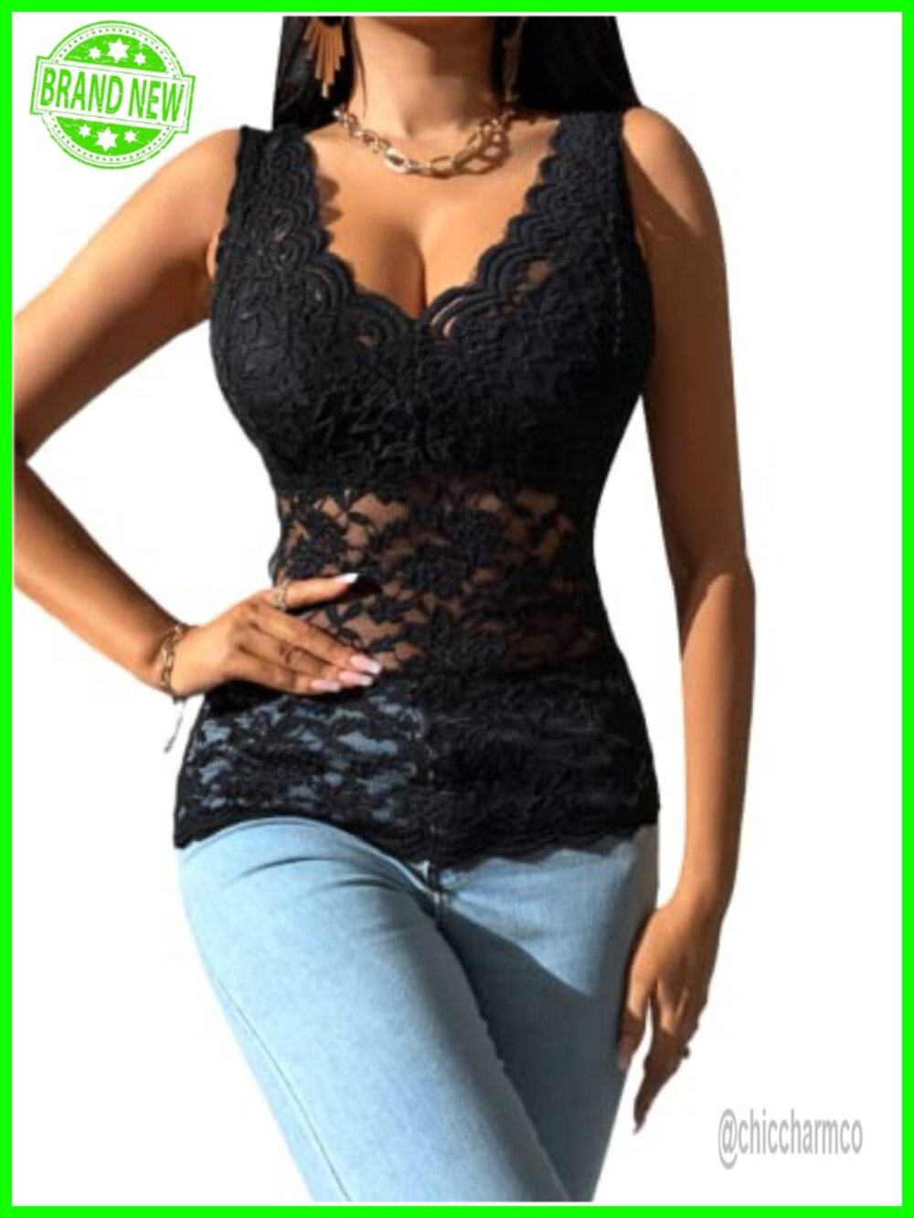 OYOANGLE Women's Sleeveless Mesh Floral Lace Scallop V Neck Tank Top